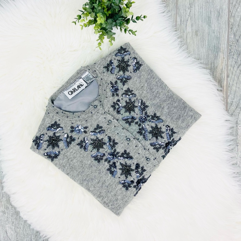 Vintage Garland Wool Rabbit Hair embellished Grey Floral Cardigan